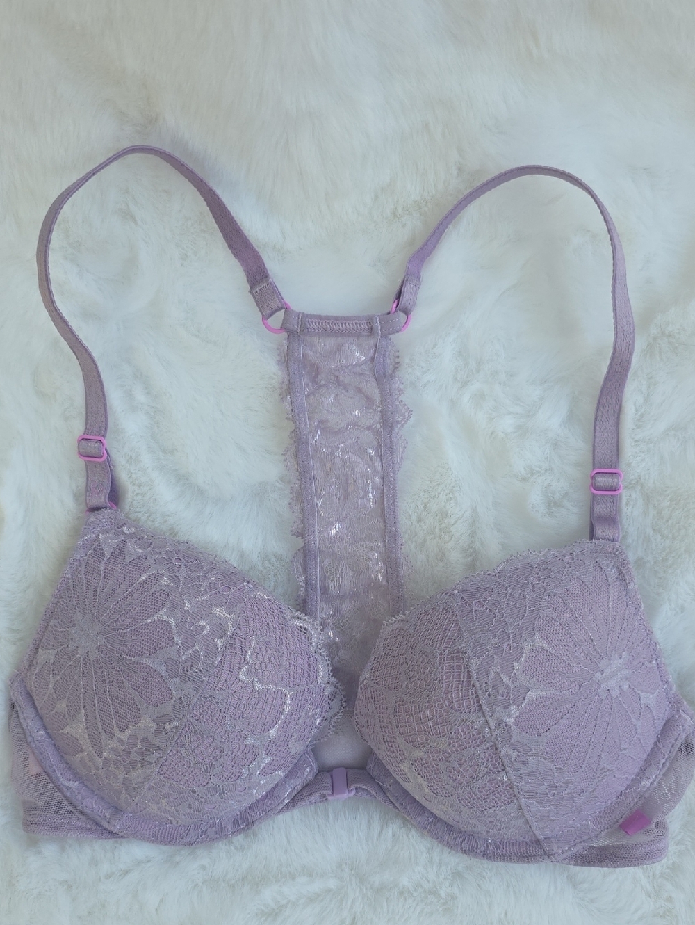 Victoria's Secret Lilac Purple Lace Racerback Push-Up Bra Front Hook 32 B 💜